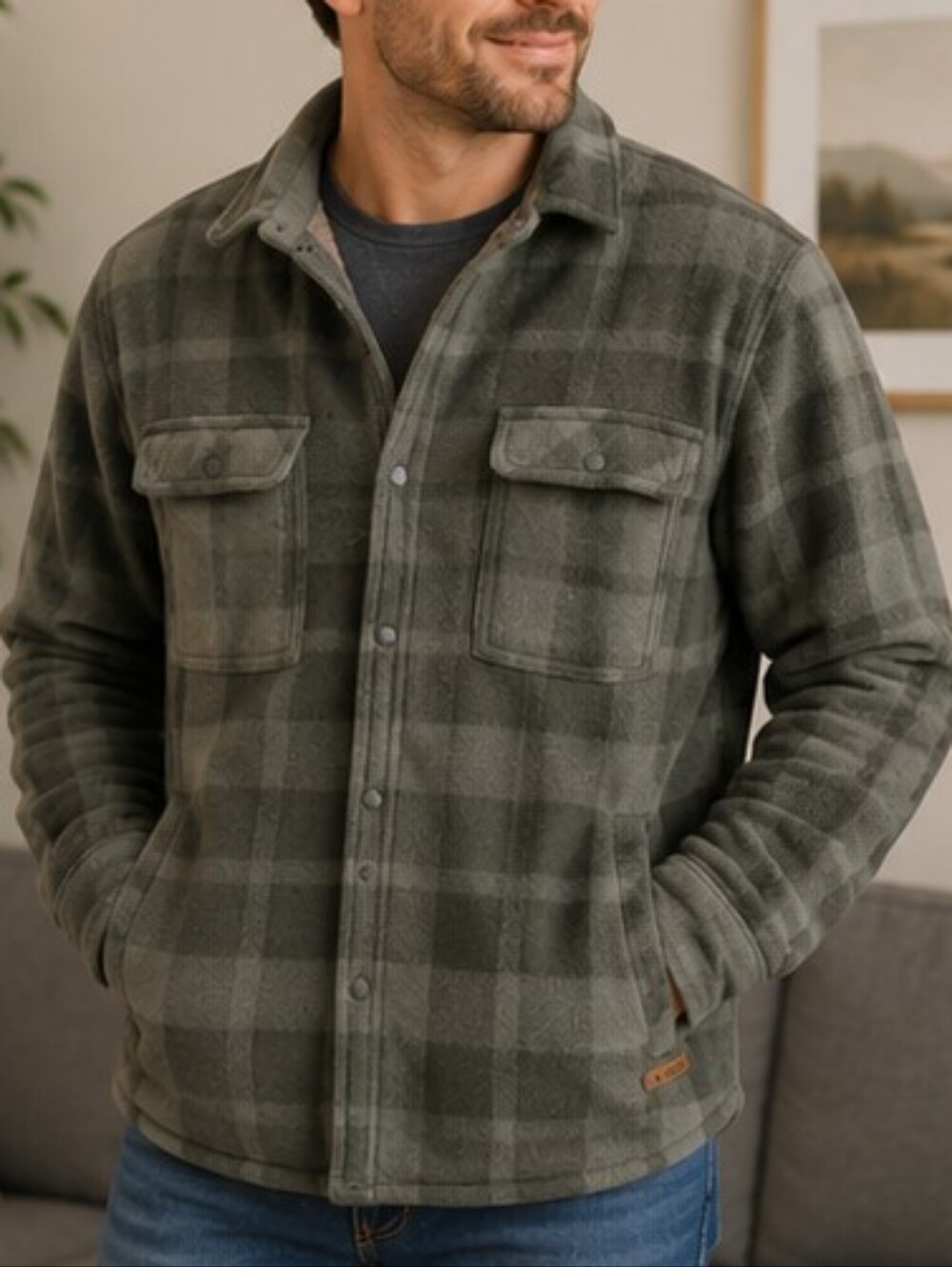 Voyager Men’s Sherpa Lined Plaid Fleece Shirt Jacket Size Large